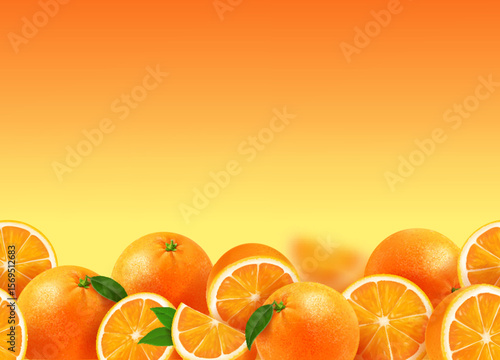 Fresh juicy orange seamless pattern background vector illustration. Citrus realistic orange fruits background for juice package advertising