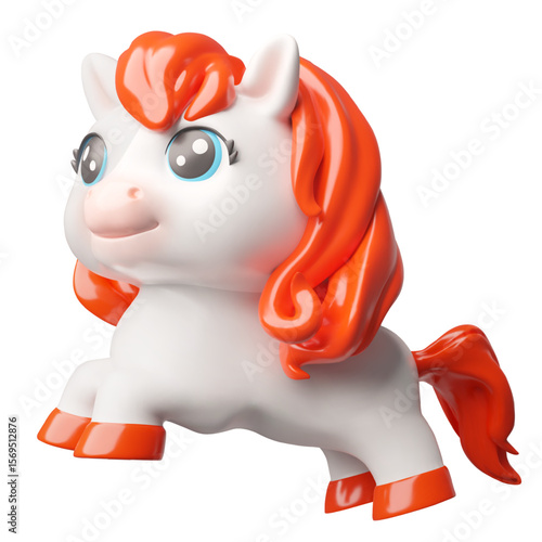 Horse 3D plastic cartoon style vector icon, cute white pony jumps, happy kid pet, realistic horse racing