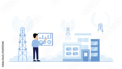 Man presenting data chart near cell towers and buildings in a modern city landscape view scene