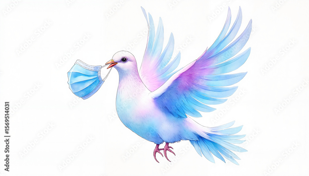 Fototapeta premium Watercolor rendering of a dove carrying a blue surgical mask in its beak, symbolizing peace after the pandemic, against a clear white background and shown with copy space.