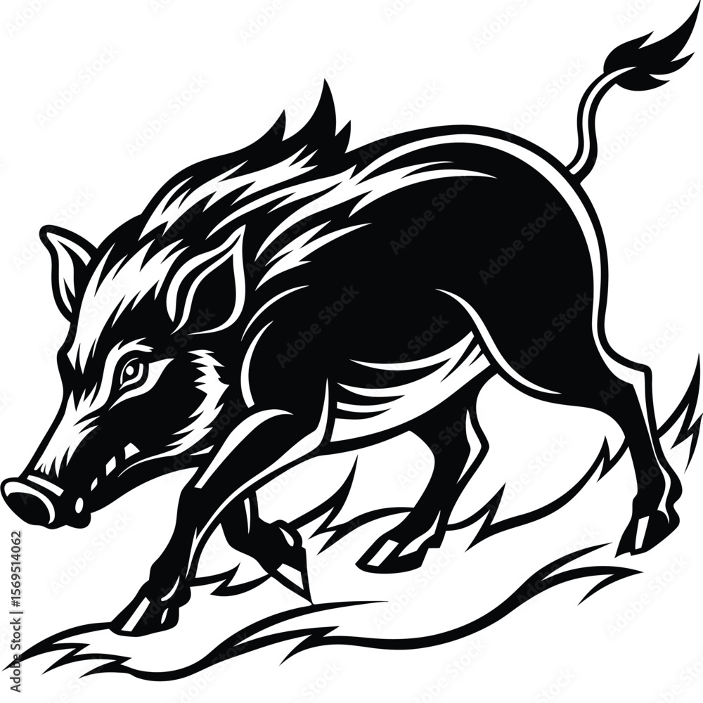 Fototapeta premium Aggressive wild boar running with sharp mane and tail silhouette