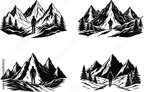Four variations of a solitary hiker in a mountain landscape drawing
