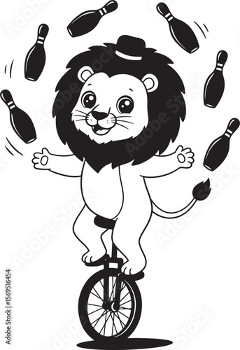 Cute Lion Bowling Pin Juggling On Unicycle silhouette