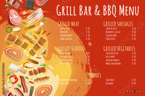 Grill bar and BBQ menu 3D cartoon vector poster design, BBQ barbecue menu, meat and sausages, picnic event invitation