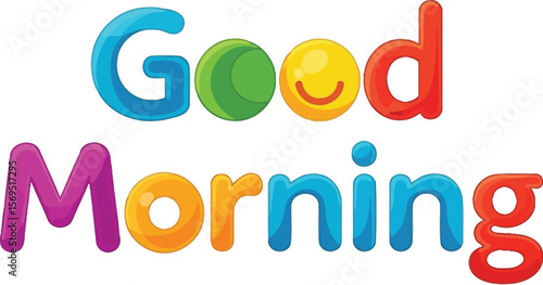 A colorful good morning text with a smiley face on a white background