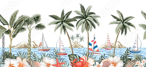 Sailboat, island, palm tree, hibiscus flower, tropical leaves, crab, starfish, shell, sea wave seamless border. Summer marine mural.