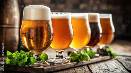 An appealing lineup of various craft beers in glasses positioned on a rustic wooden table, reflecting the rich diversity of flavors and styles in the world of artisanal brewing.