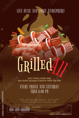 Grilled all party invitation 3D cartoon vector advertising promotion poster design, realistic BBQ barbecue roast meat