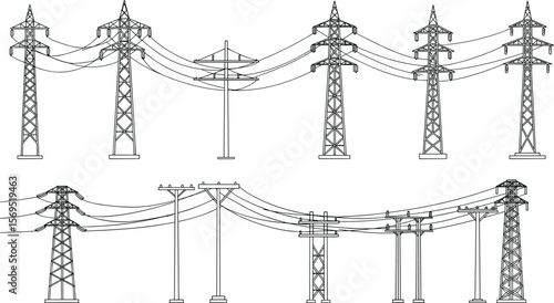 Electric power transmission towers, utility poles, energy distribution grid, industrial electricity infrastructure vector illustration, engineering power line design