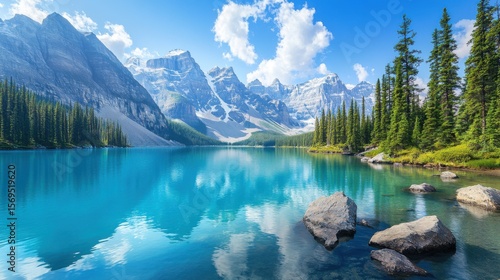 A serene mountain lake reflecting the majestic peaks and vibrant blue sky, embodying tranquility and natural beauty, inviting viewers to experience the serenity of the outdoors.
