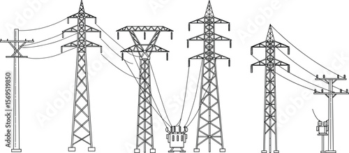 High voltage power transmission towers, electrical substation transformer, utility poles, power lines, energy distribution grid, industrial engineering design