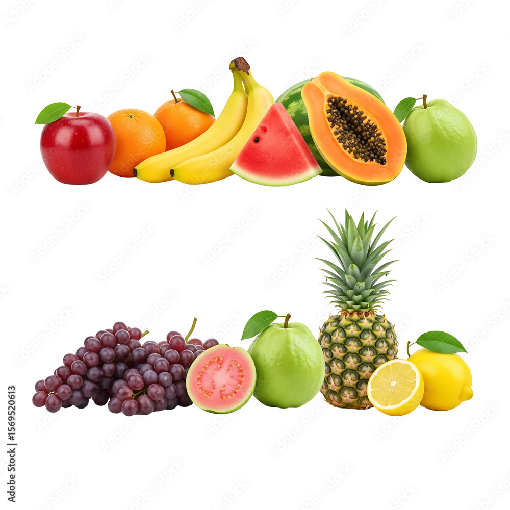 Assortment of fresh fruits including apple orange banana watermelon papaya guava pineapple and grapes isolated on transparent background