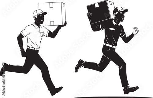 Courier Running With Package Boxes Cartoon silhouette