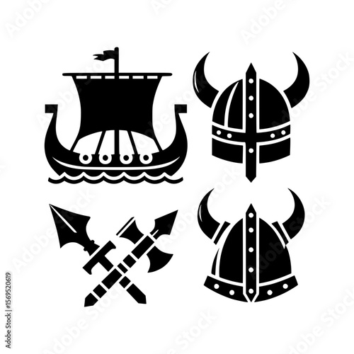 Collection of viking symbols including a longship two horned helmets and crossed axes