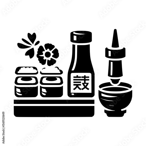 Stylized black and white illustration of sushi soy sauce and wasabi with decorative flowers