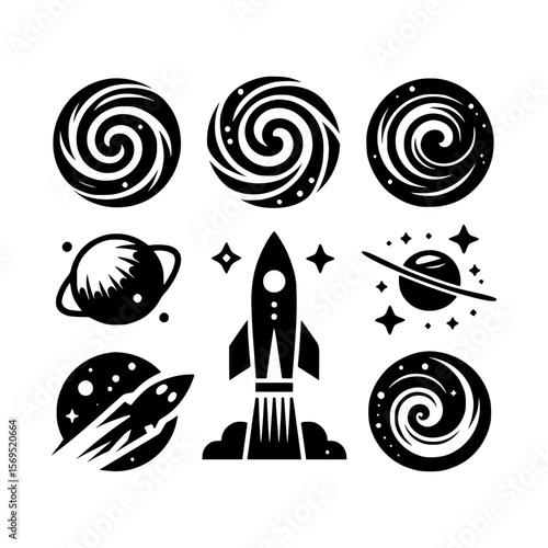 Collection of black and white space themed icons including rockets planets and galaxies