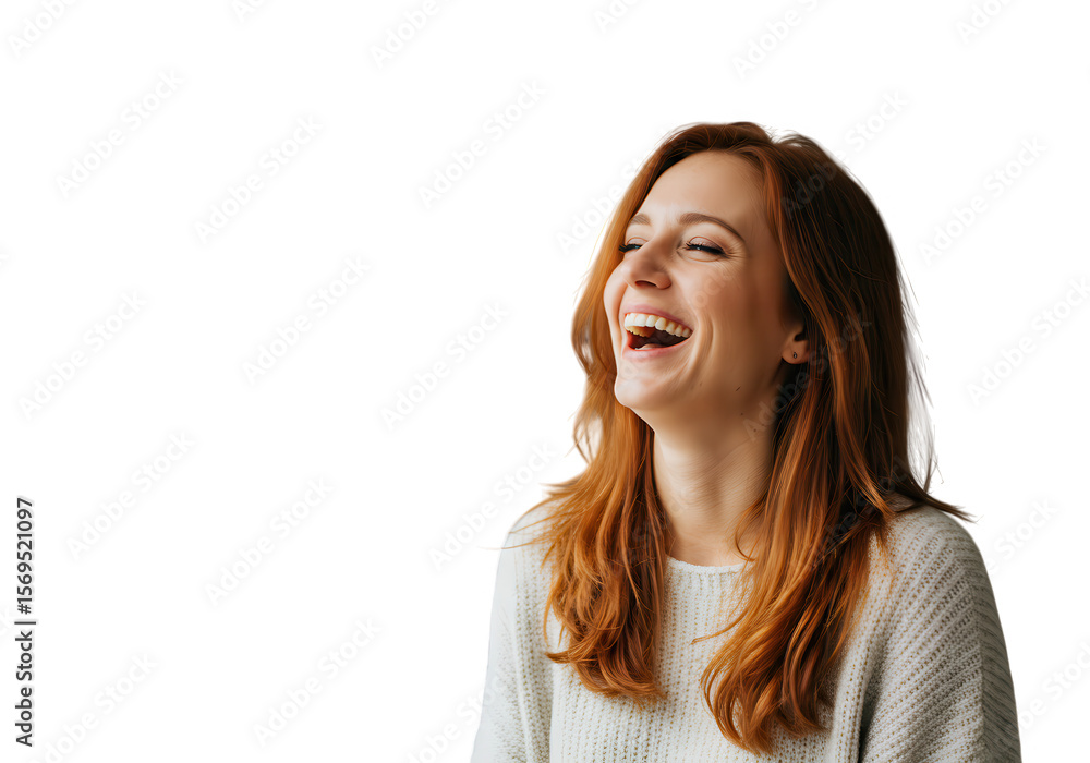 A happy redhead woman is laughing with joy isolated on transparent background A happy redhead woman is laughing with joy isolated on transparent background