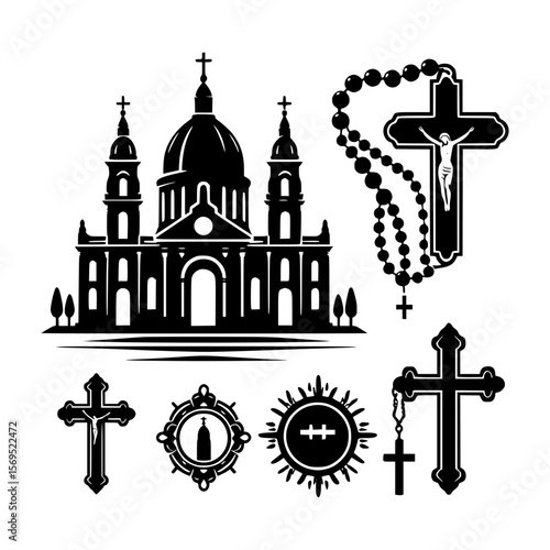 Collection of catholic symbols including church rosary and crosses