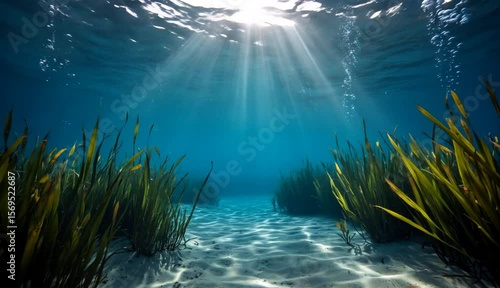 Realistic underwater scene with drifting particles and swaying seaweed