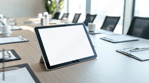 Meeting Room Table with Blank Tablet Screen meeting table tablet screen office business corporate ai