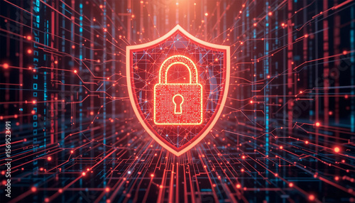 Cybersecurity Concept with Glowing Digital Lock and Data Network – Futuristic Tech Illustration