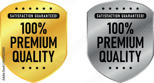 100% Premium Quality shield badges in gold and silver with satisfaction guaranteed text for product trust and branding	