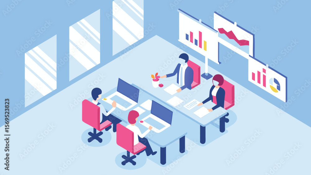 Isometric view of a business meeting with charts and graphs on display in a modern office space Isometric view of a business meeting with charts and graphs on display in a modern office space
