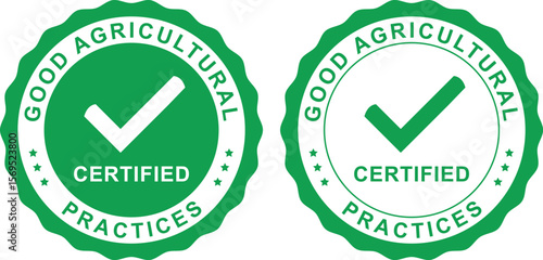 Good agricultural practices certified green labels with checkmark icons for farming and food safety	