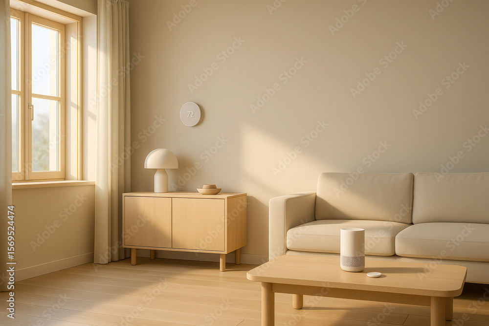 Minimalist living room with smart speaker, beige sofa, wooden table, modern lamp, bright window, clean design, natural light, comfortable interior Minimalist living room with smart speaker, beige sofa, wooden table, modern lamp, bright window, clean design, natural light, comfortable interior