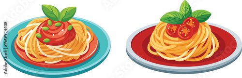Two Plates of Delicious Looking Cartoon Spaghetti with Tomato Sauce and Basil.