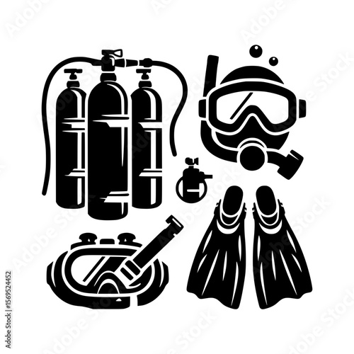 Scuba diving equipment icons tanks mask fins and regulator