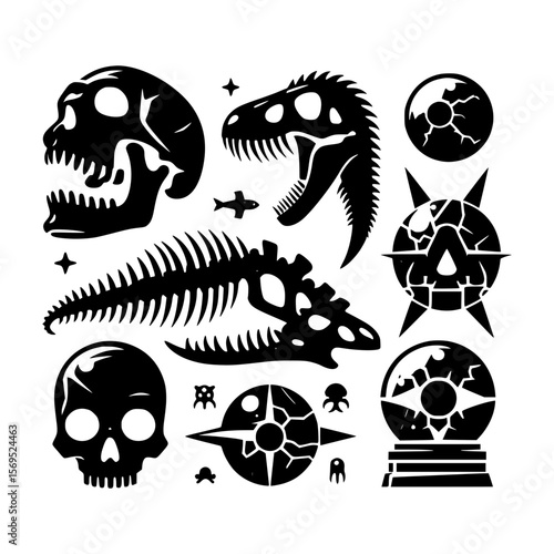 Black and white prehistoric skull and dinosaur vector set