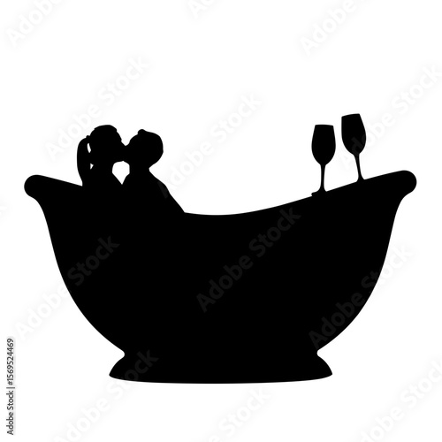 Silhouette of couple in heart-shaped jacuzzi with wine glasses, romantic luxury