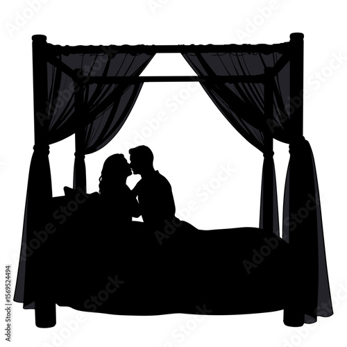 Silhouette of couple embracing on canopy bed, romantic intimacy and privacy