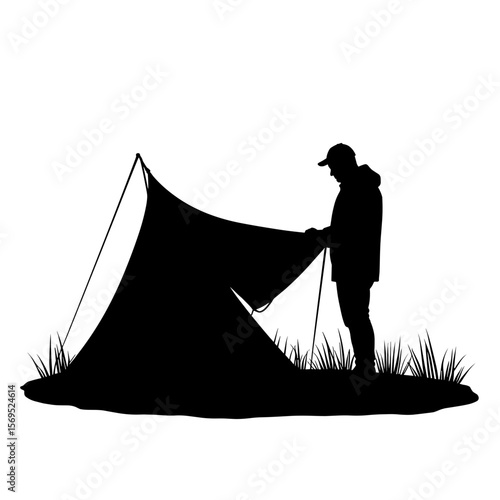 Camper setting up windbreaker tarp silhouette, outdoor adventure preparation