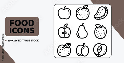 A set of 12 doodle-style outline vector icons of common fruits, such as an apple, a pear, and a peach.

