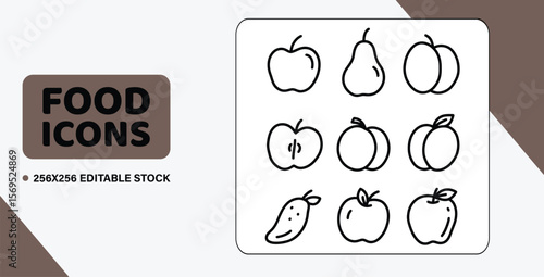 A set of 12 doodle-style outline vector icons of common fruits, such as an apple, a pear, and a peach.
