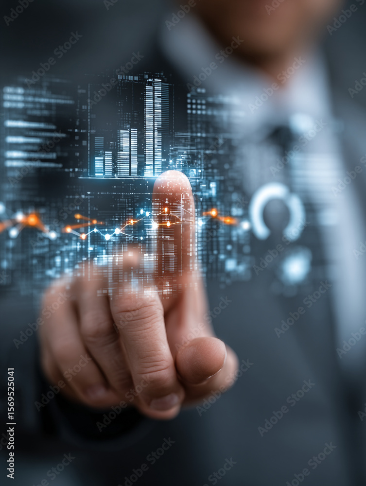 Man in suit touching digital interface with financial data overlayed Man in suit touching digital interface with financial data overlayed
