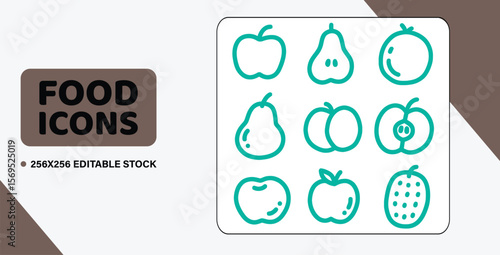 A set of 12 doodle-style outline vector icons of common fruits, such as an apple, a pear, and a peach.
