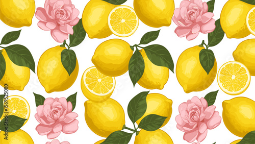 Seamless Pattern: Lemons and Pink Roses, Summer Citrus Floral Design