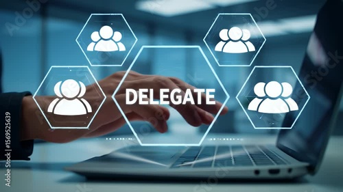 Closeup of Hand Interacting with Delegate Button on Laptop Screen in Modern Blue Office with Glowing Hexagons and Virtual Interface