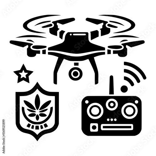 Drone technology icon set with cannabis symbol