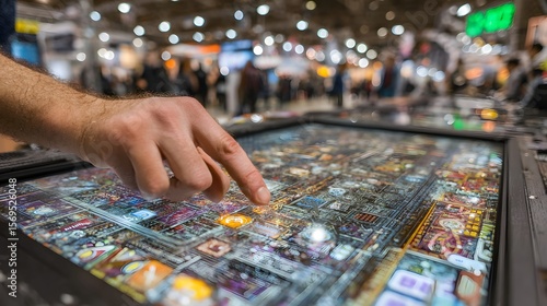 A hand touches an illuminated interactive table displaying a complex, glowing digital map, representing global connectivity and data visualization. Perfect for business, technology, and analytics.