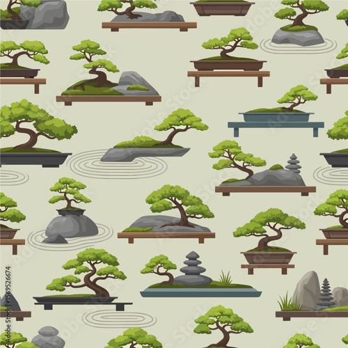 A seamless pattern showcases the rich diversity of the art of bonsai, featuring various trees in pots, on stands, and within miniature rock landscapes. Vector Patterns