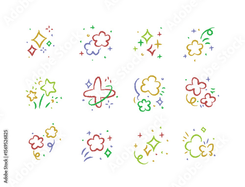 Sparkle cute hand-drawn glitter, stars and floral shapes design icons drawing on white background.