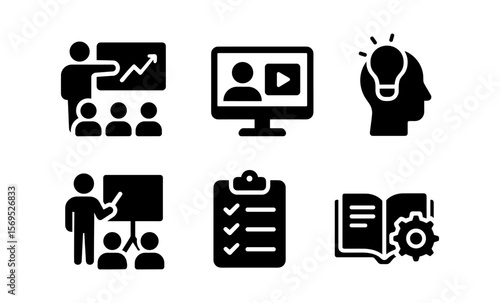 Business presentation icons: growth, video conferencing, ideas, and workflow symbols