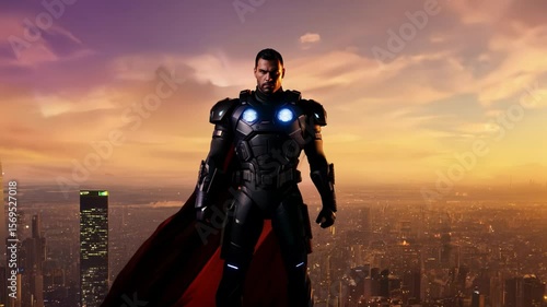Superhero watching over city skyline at sunset