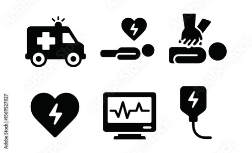 Emergency medical icons: ambulance, cpr, heartbeat, defibrillator, lifesaving symbols