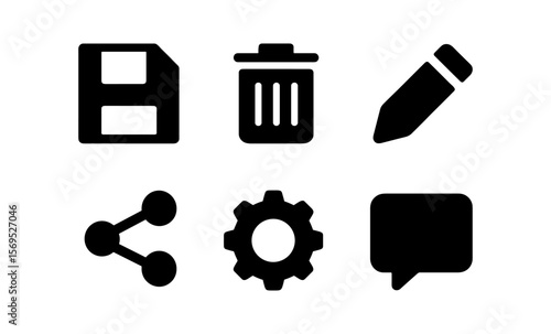 Set of minimalist icons: document, trash bin, pencil, share, settings gear, chat bubble