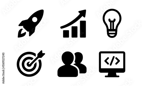 Business and technology icons: rocket, chart, lightbulb, target, users, and coding symbols